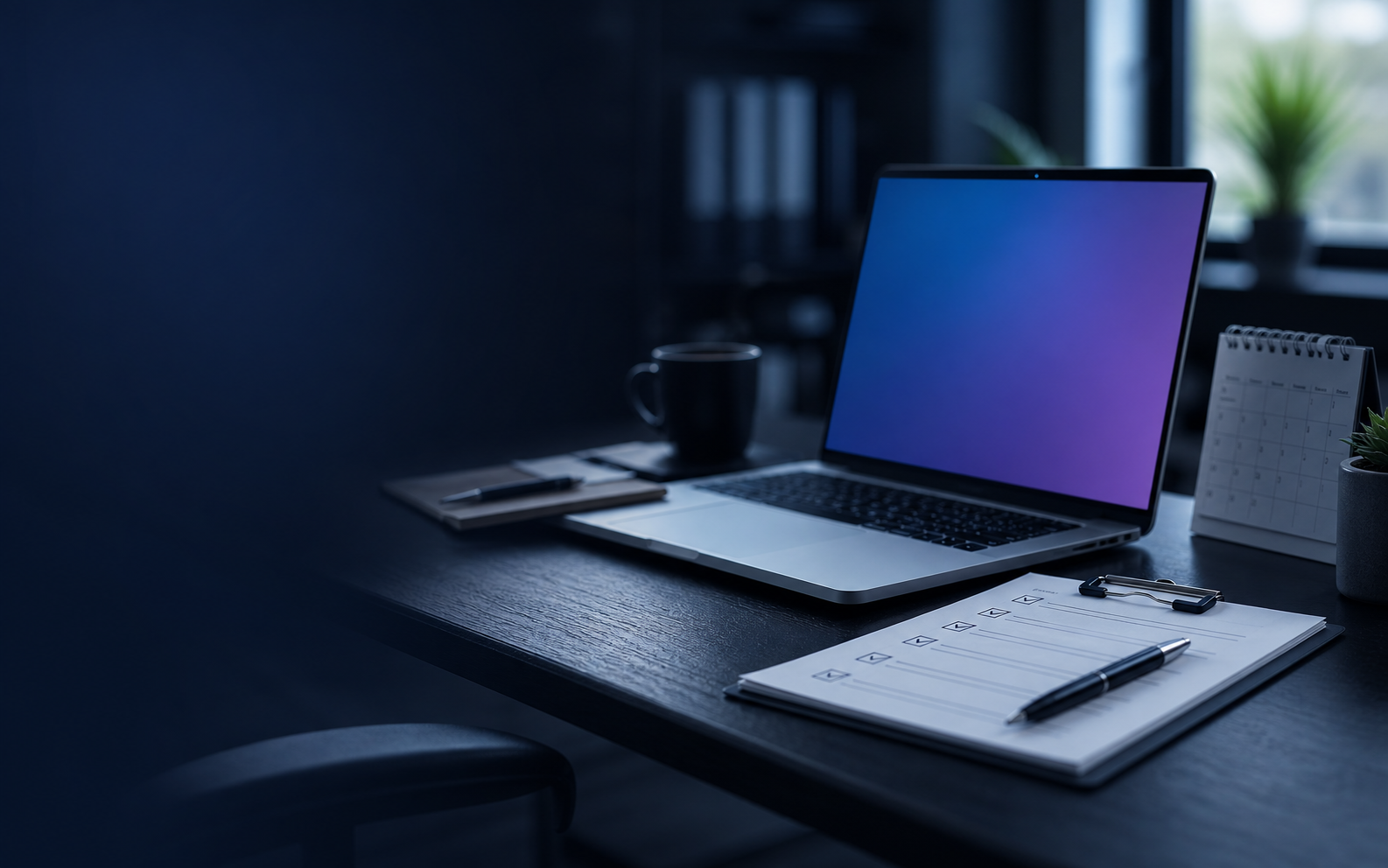 Aufgeräumter moderner Schreibtisch mit Laptop und Business-Unterlagen