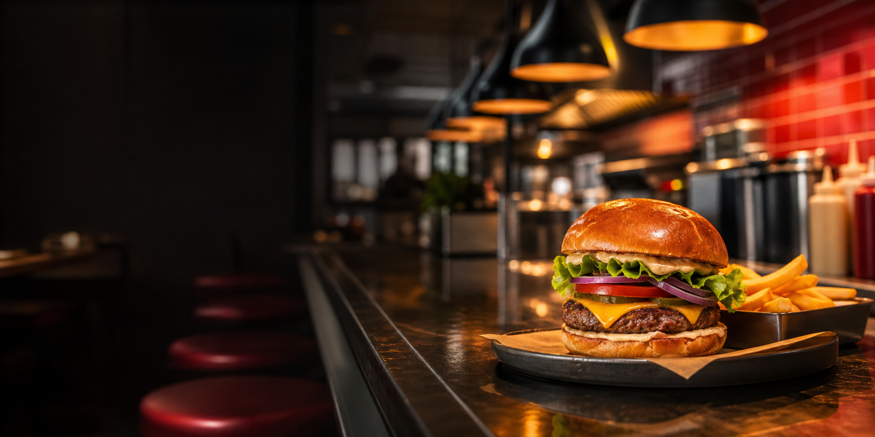 Moderner Burger auf einem warm beleuchteten Restauranttresen